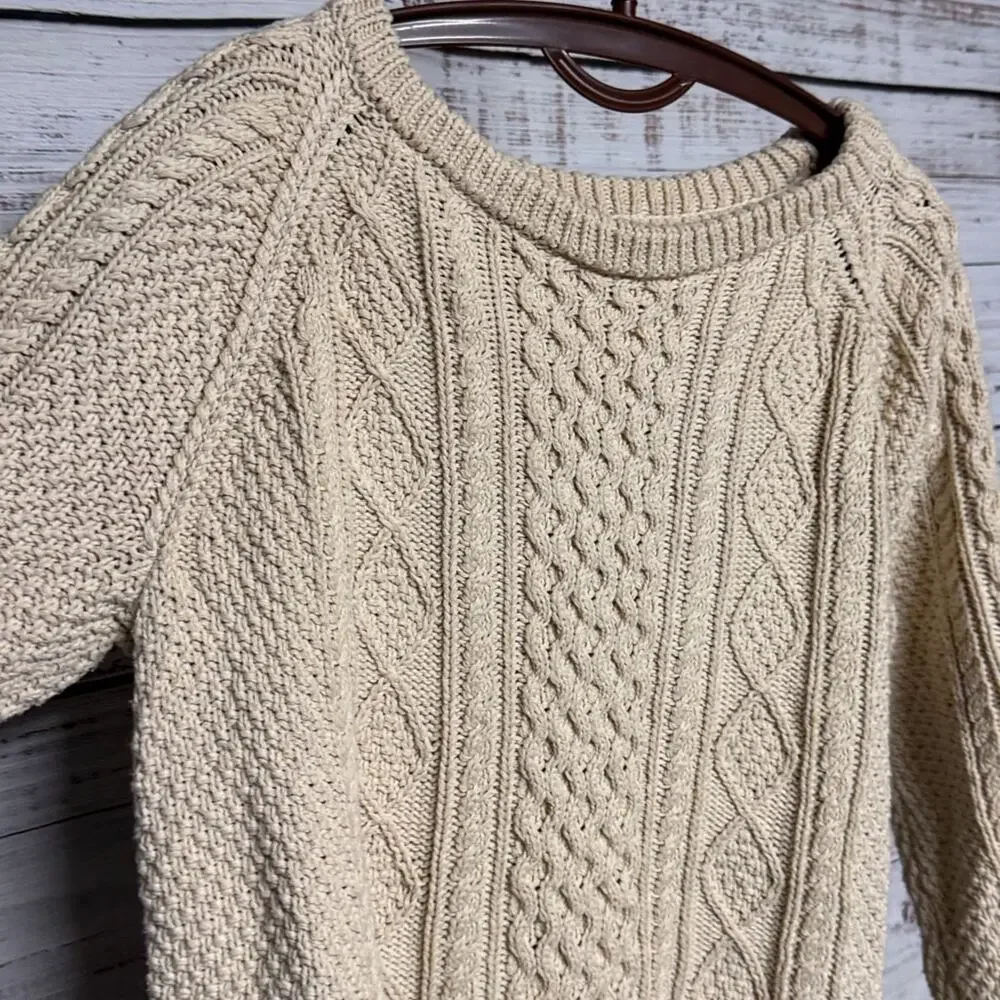 LL Bean Signature Tunic Fisherman Sweater Cream Cable Knit Crewneck Large